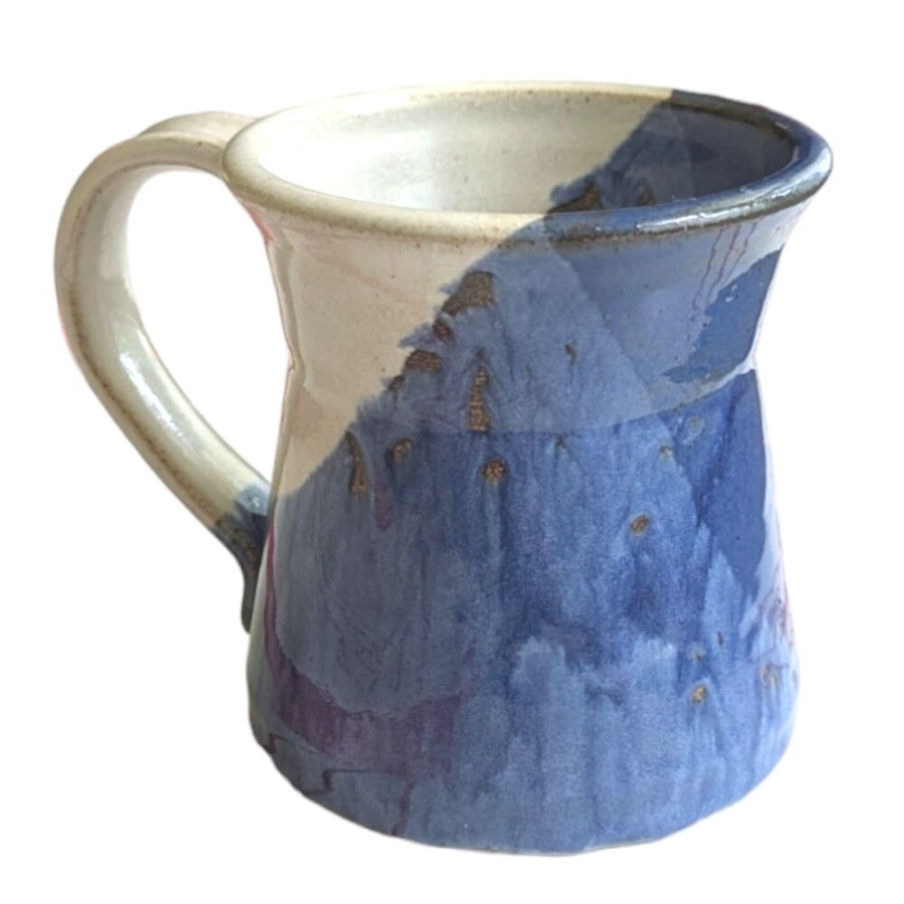 Art Pottery Stoneware Mug Drip Glaze Blue Cream Signed
